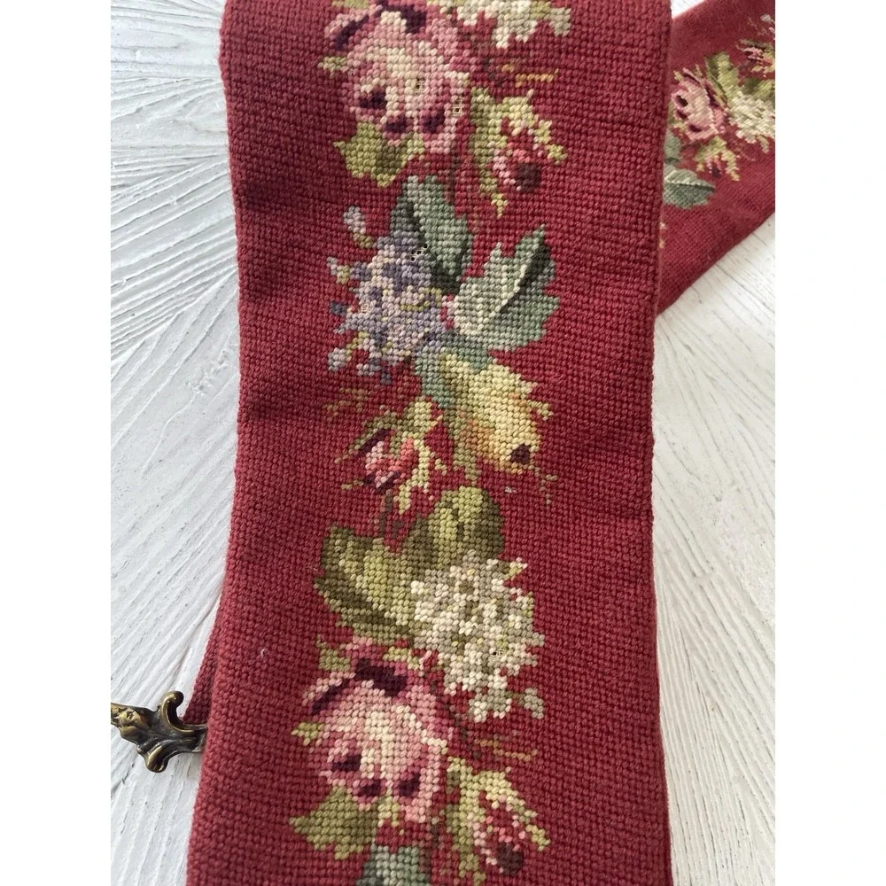 Vtg Burgundy Needlepoint Tapestry Ornate Brass Bell Pull Wall Hanging 63